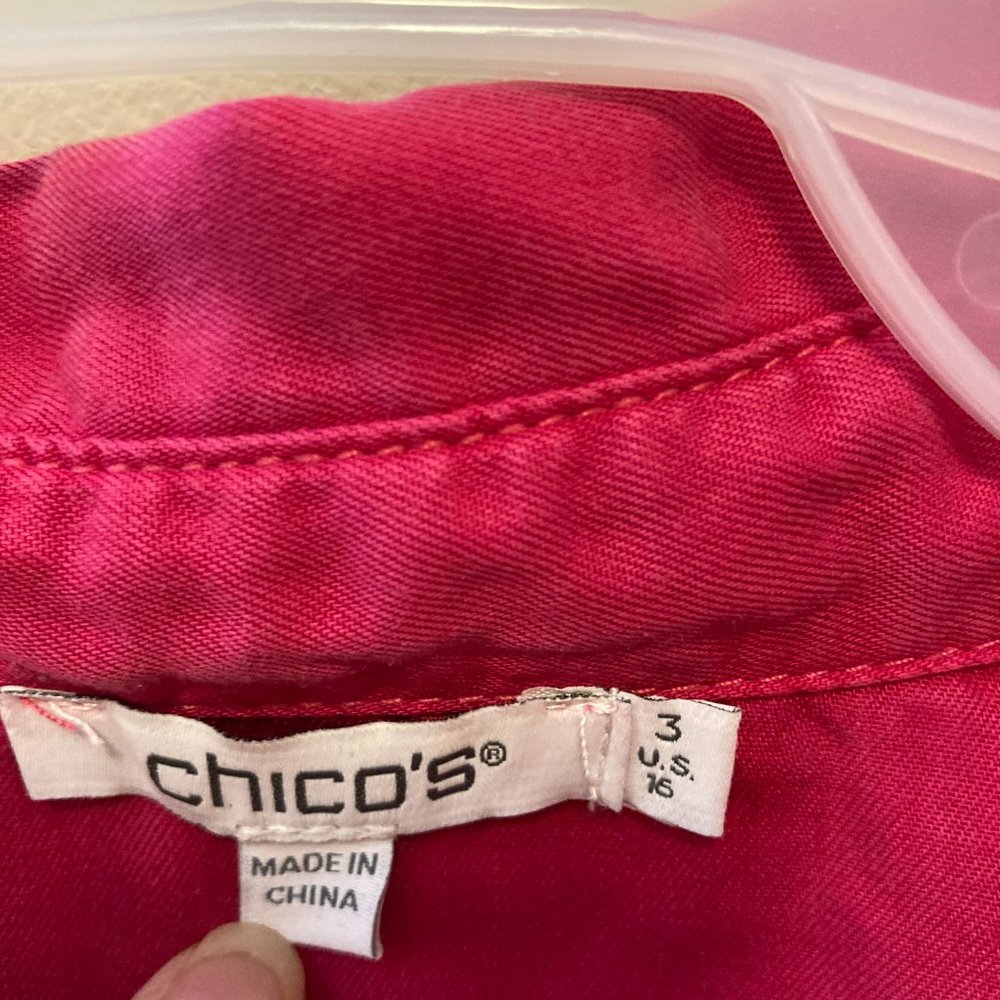 NWT Chico's Denim Shirt Sz 3 (16) Solid & Eyelet Sleeve Very Cherry Grandmacore - Picture 7 of 12